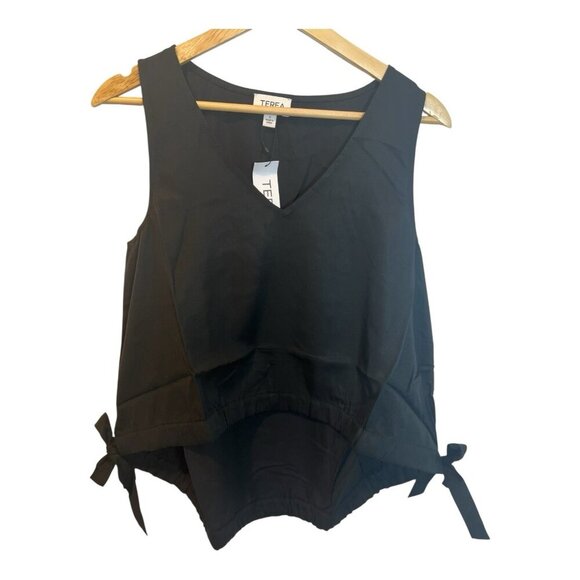 Terea By Andrea Pitter Vneck Sleeveless Black Blouse Small Hi Low Hem Bow Detail - Picture 2 of 7